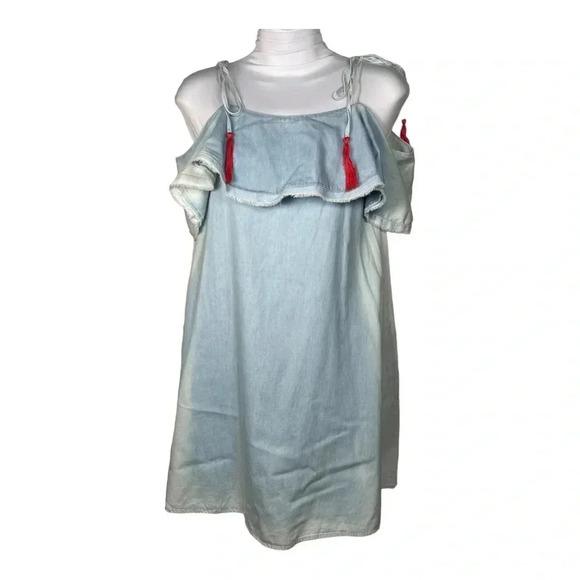 💙 Copper Key Distressed Cold Shoulder Jean Colored Dress - Picture 1 of 7